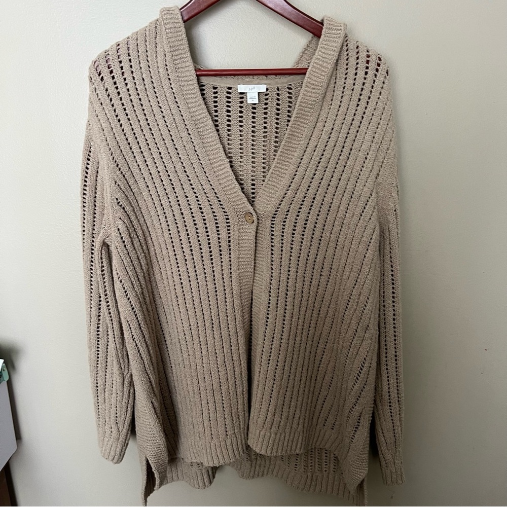 J. Jill Tan beige Open-Knit hooded one button cardigan tunic length cotton rich